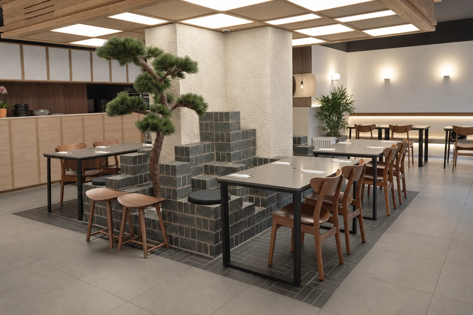 Babsang dining room with dark tiled dividers, timber chairs and a central tree.