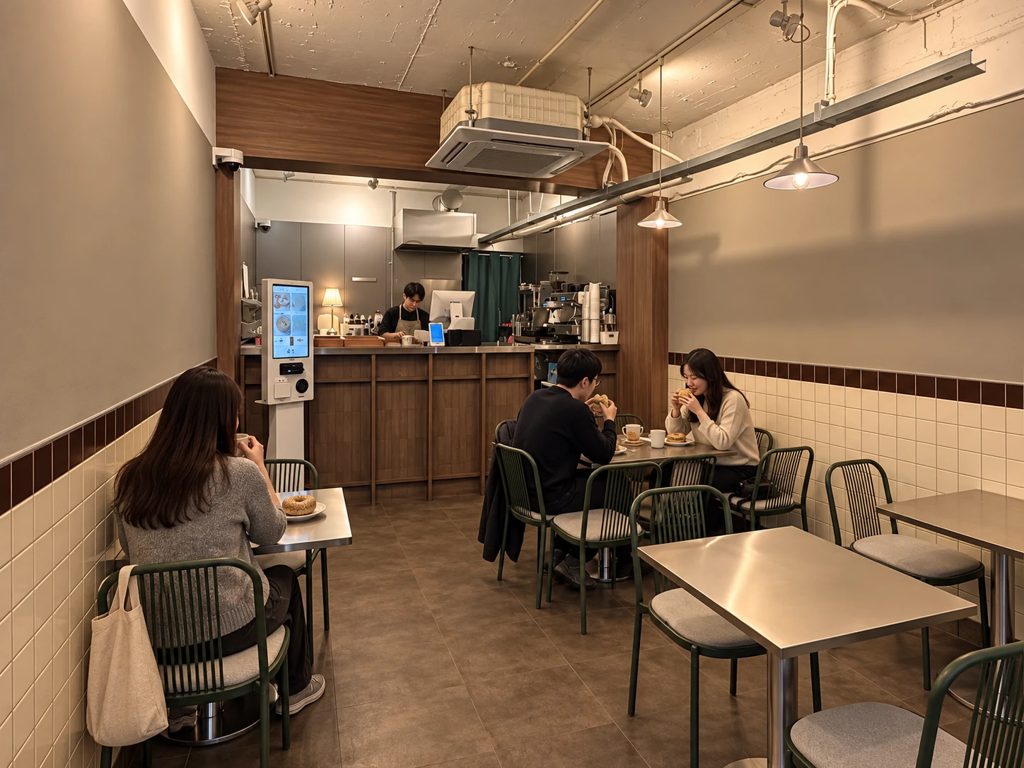 Customers enjoying bagels and coffee inside Bagel Stop, with a barista at the timber counter.