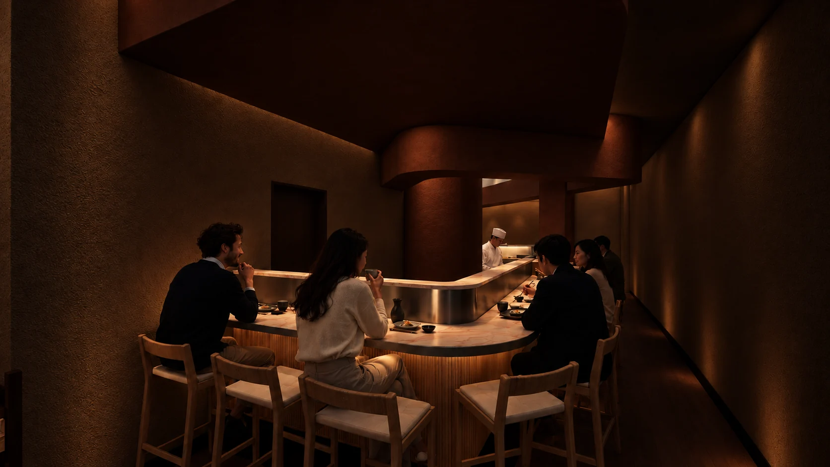 Greek Street ground-floor sushi counter beneath a sculptural terracotta ceiling, with guests seated around its curved edge.