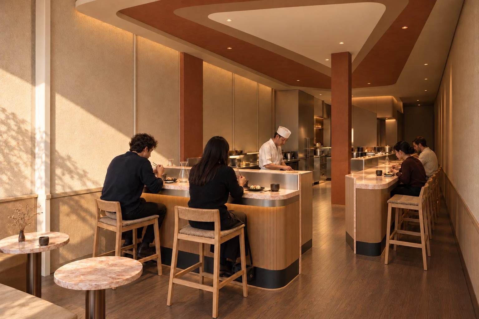 Diners at the curved sushi counter on Greek Street, with a chef preparing food beneath a terracotta ceiling.
