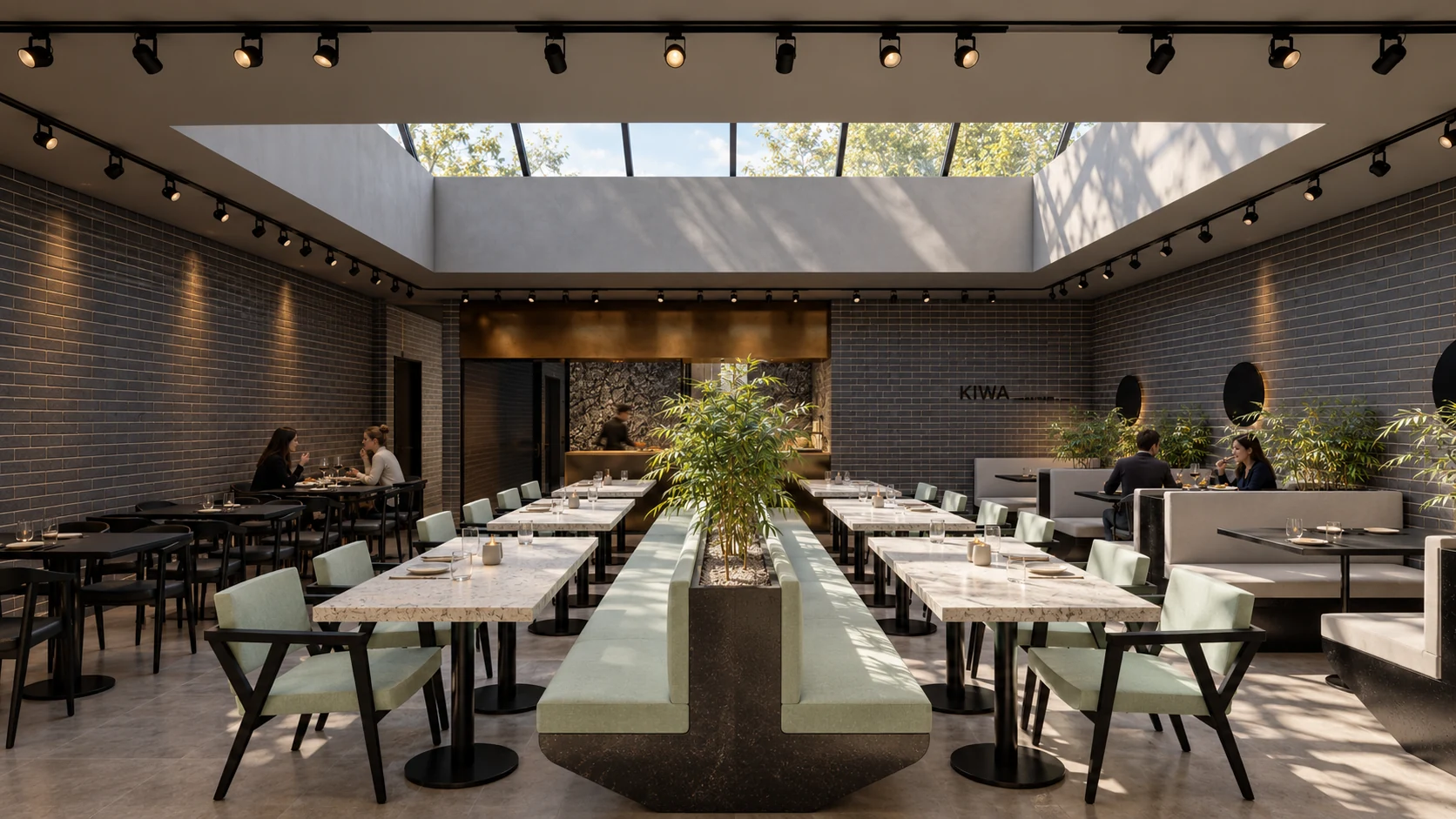 Kiwa dining hall with long tables beneath a large rooflight.