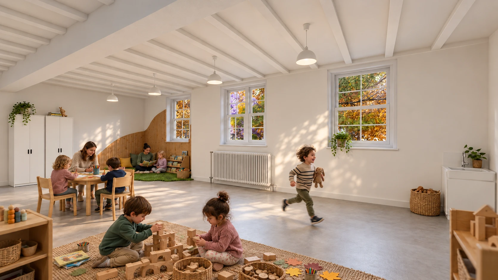 Children and educators reading, making leaf crafts and playing with wooden blocks in Mandarin Ducklings’ light-filled nursery hall.