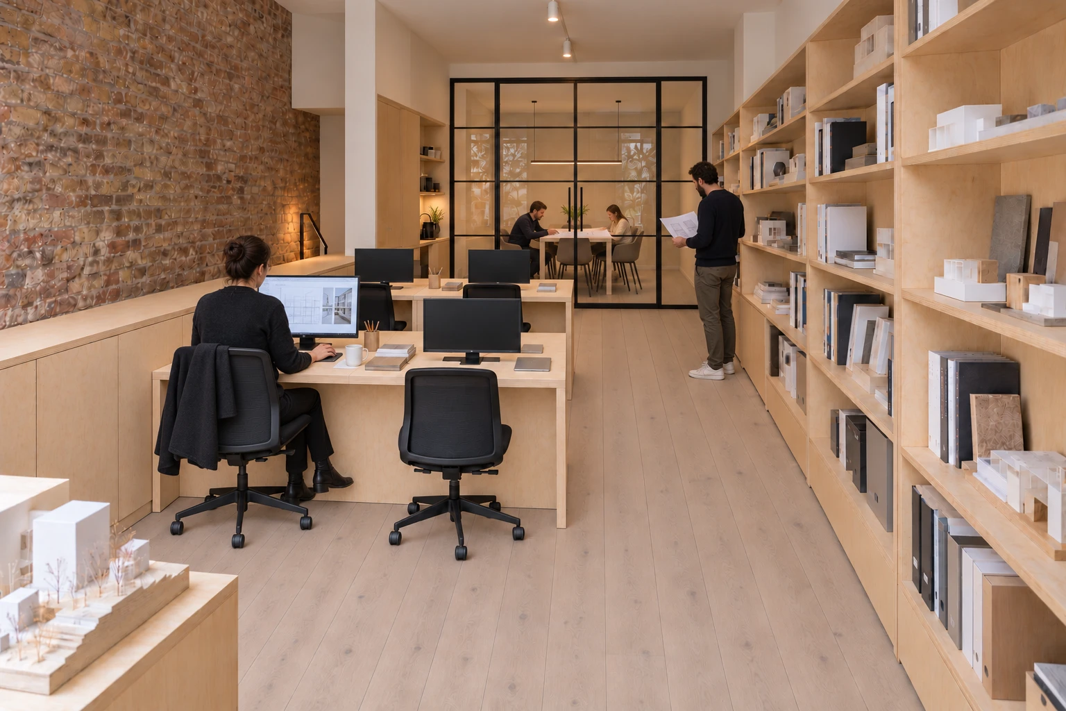 Architects working among birch plywood desks and model shelving, with colleagues meeting behind divided-pane glass at the New King’s Road office.