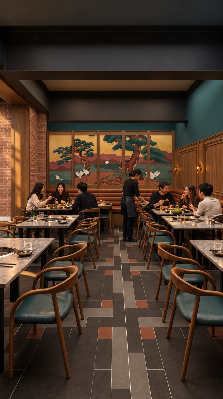 Diners and staff among timber panelling, pine-tree artwork and table grills at Olle Battersea.