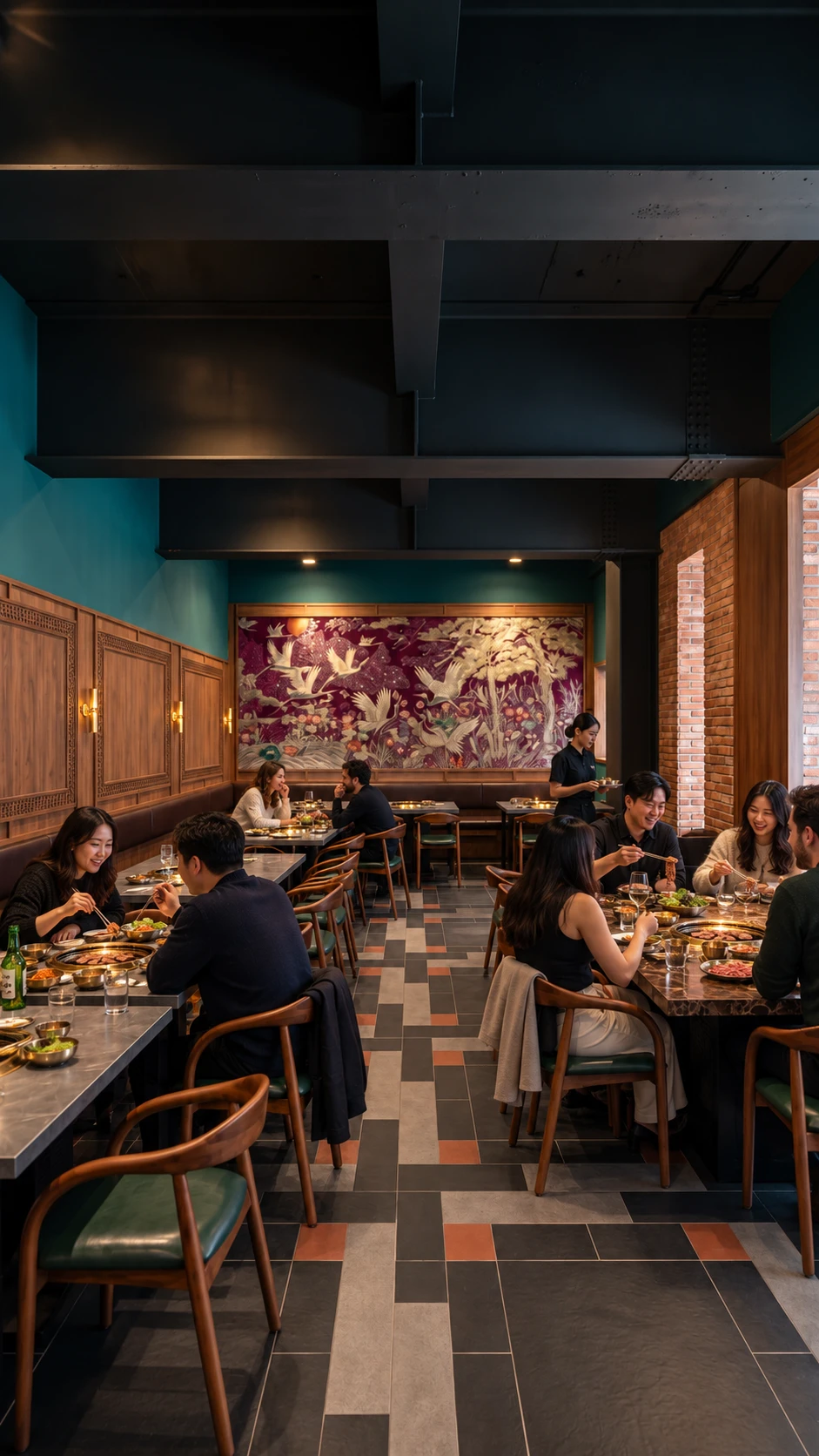Korean dining at Olle Battersea, beneath a crane mural with teal walls and a patterned tiled floor.