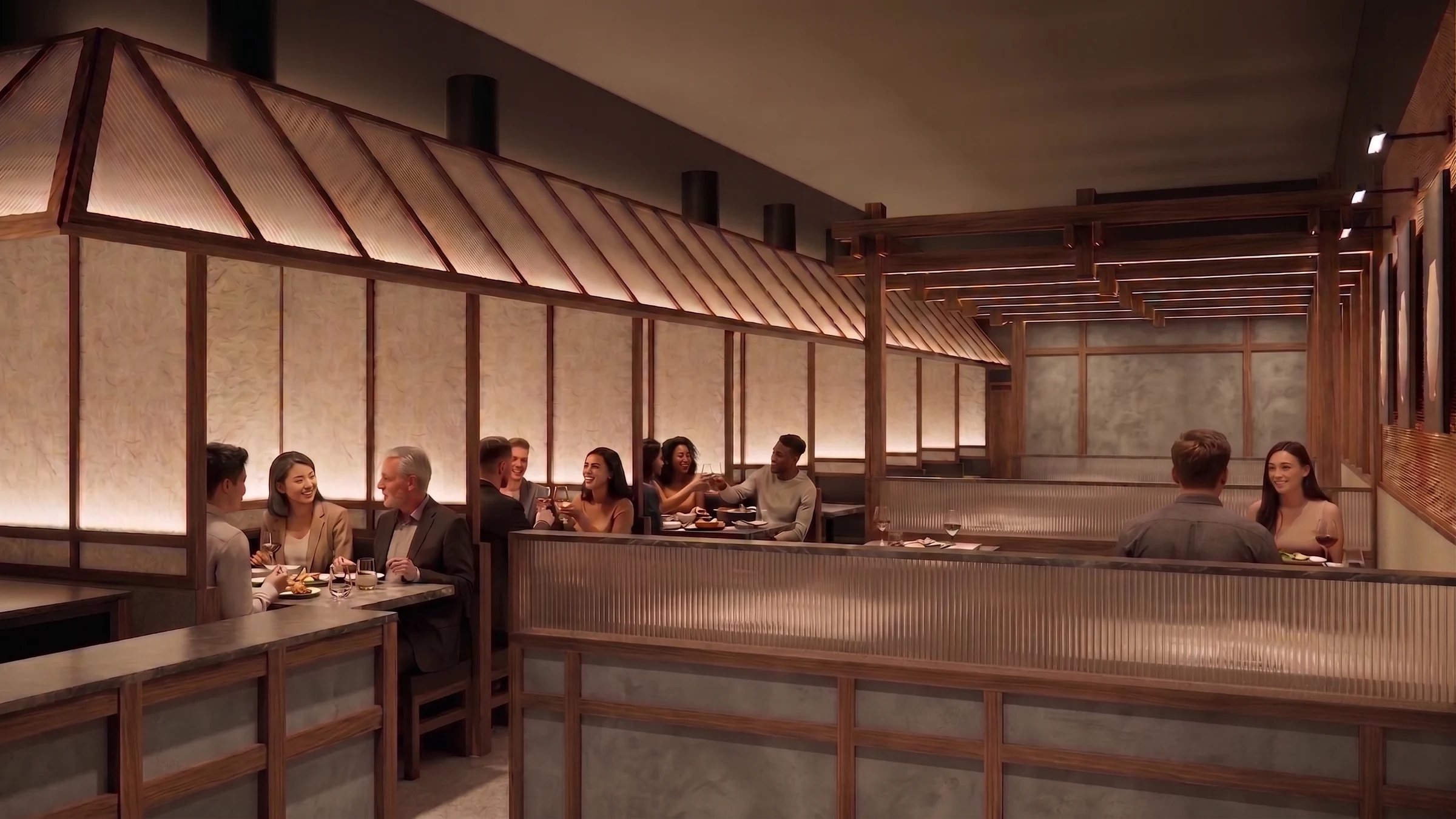 Dining booths beneath a luminous pitched canopy and timber lattice at Tree Stone, White City.