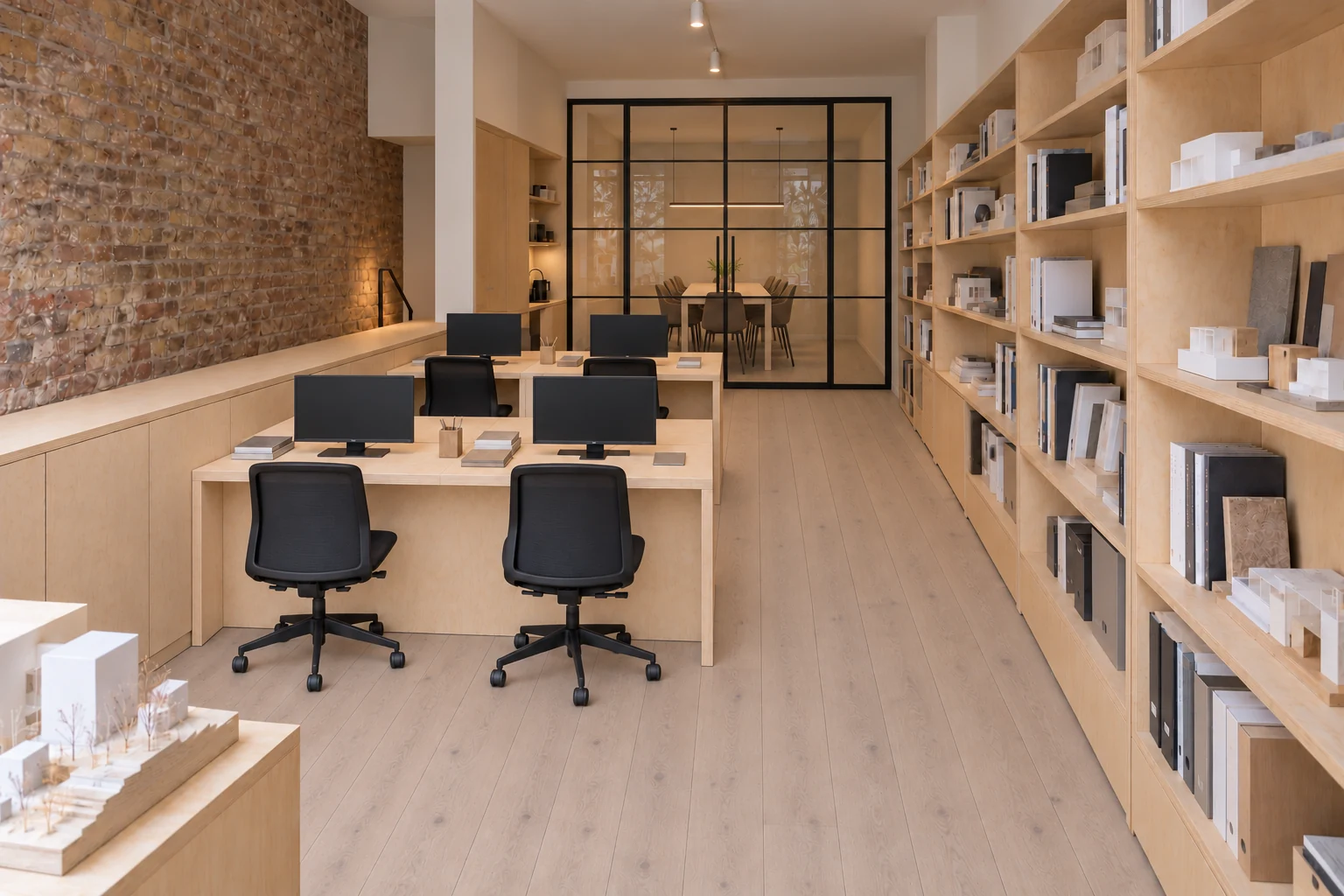 Transverse desks meet low flush-door birch cabinets on the left, with lengthways floorboards and paired divided-pane glass doors to the rear meeting room.