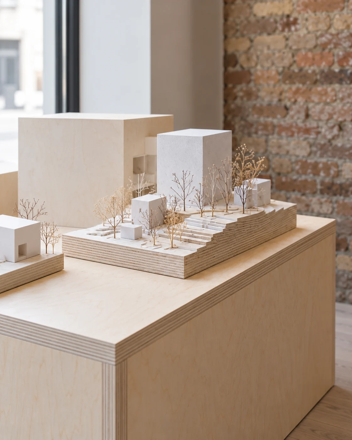 Architectural models on birch plywood display joinery, with exposed brick in the background.